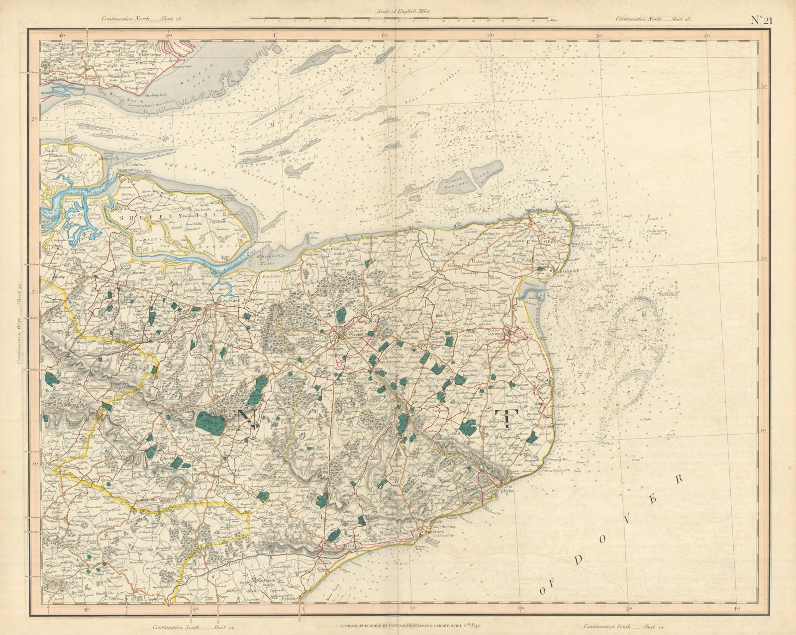THAMES ESTUARY & EAST KENT. North Downs, Isles of Sheppey & Thanet CARY 1832 map